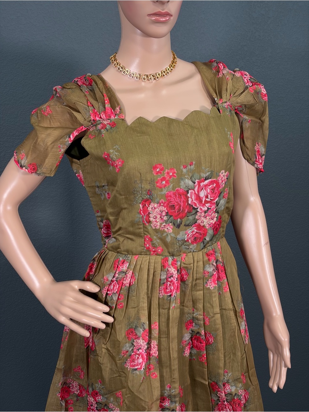 Brand new Olive Green Floral Midi Dress for women,Bust size - XL up to XXL